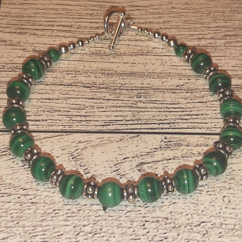 Malachite and Sterling Silver Bali Bead Bracelet - 7.5"